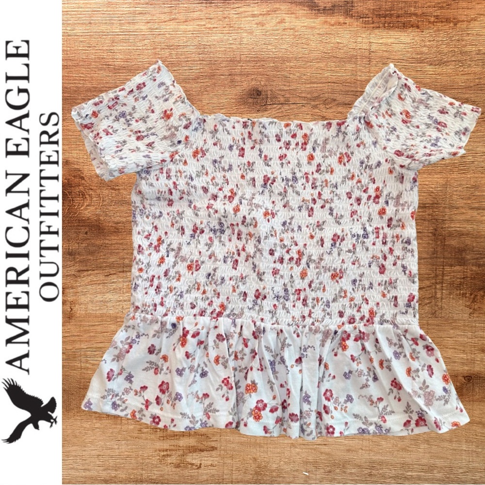American Eagle Women Flirty Floral Off-the-Shoulder Smocked Ruffle Top / Sz S